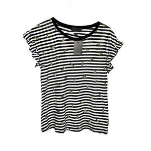 ☀️Lumiere Black White Striped Banana Print Short Sleeve Crewneck T-Shirt M NWT